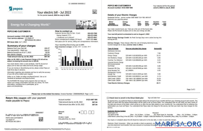 Printable USA Maryland Pepco utility bill, Word and PDF template, 3 pages 1 2